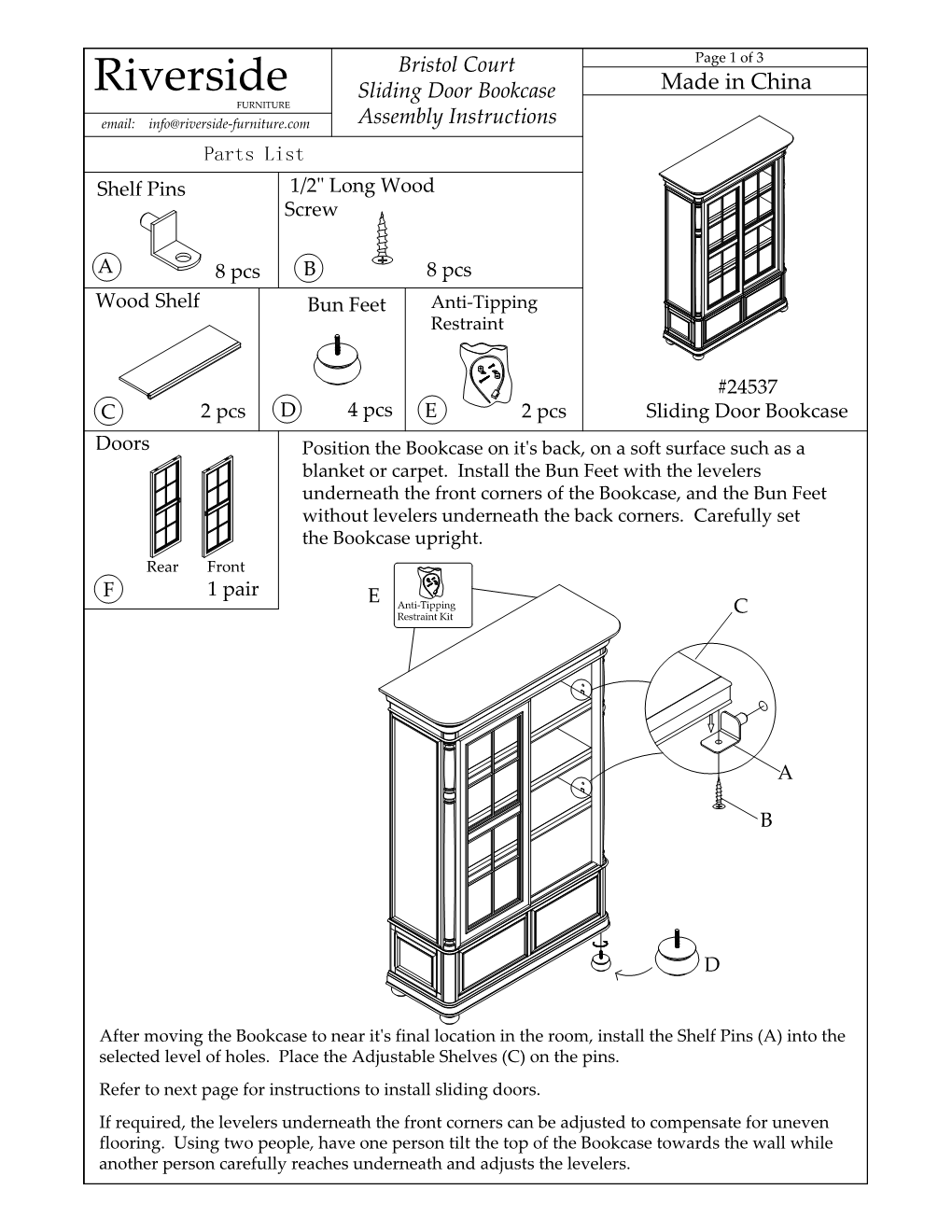 Riverside Sliding Door Bookcase Made in China FURNITURE Email: Info@Riverside-Furniture.Com Assembly Instructions