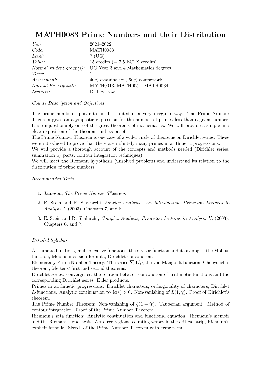 MATH0083 Prime Numbers and Their Distribution