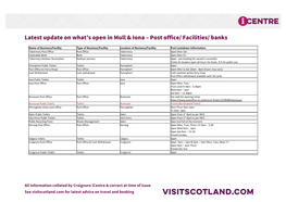 Latest Update on What's Open in Mull & Iona – Post Office/ Facilities/ Banks