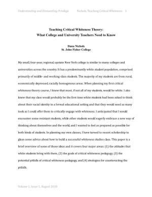 Teaching Critical Whiteness Theory: What College and University Teachers Need to Know