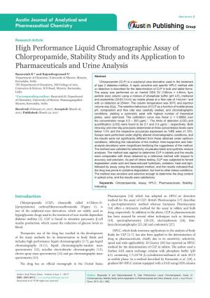 High Performance Liquid Chromatographic Assay of Chlorpropamide, Stability Study and Its Application to Pharmaceuticals and Urine Analysis