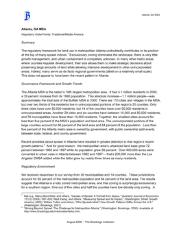 Atlanta, GA MSA Summary the Regulatory Framework for Land Use In