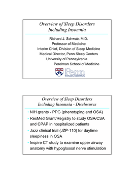 Overview of Sleep Disorders Including Insomnia