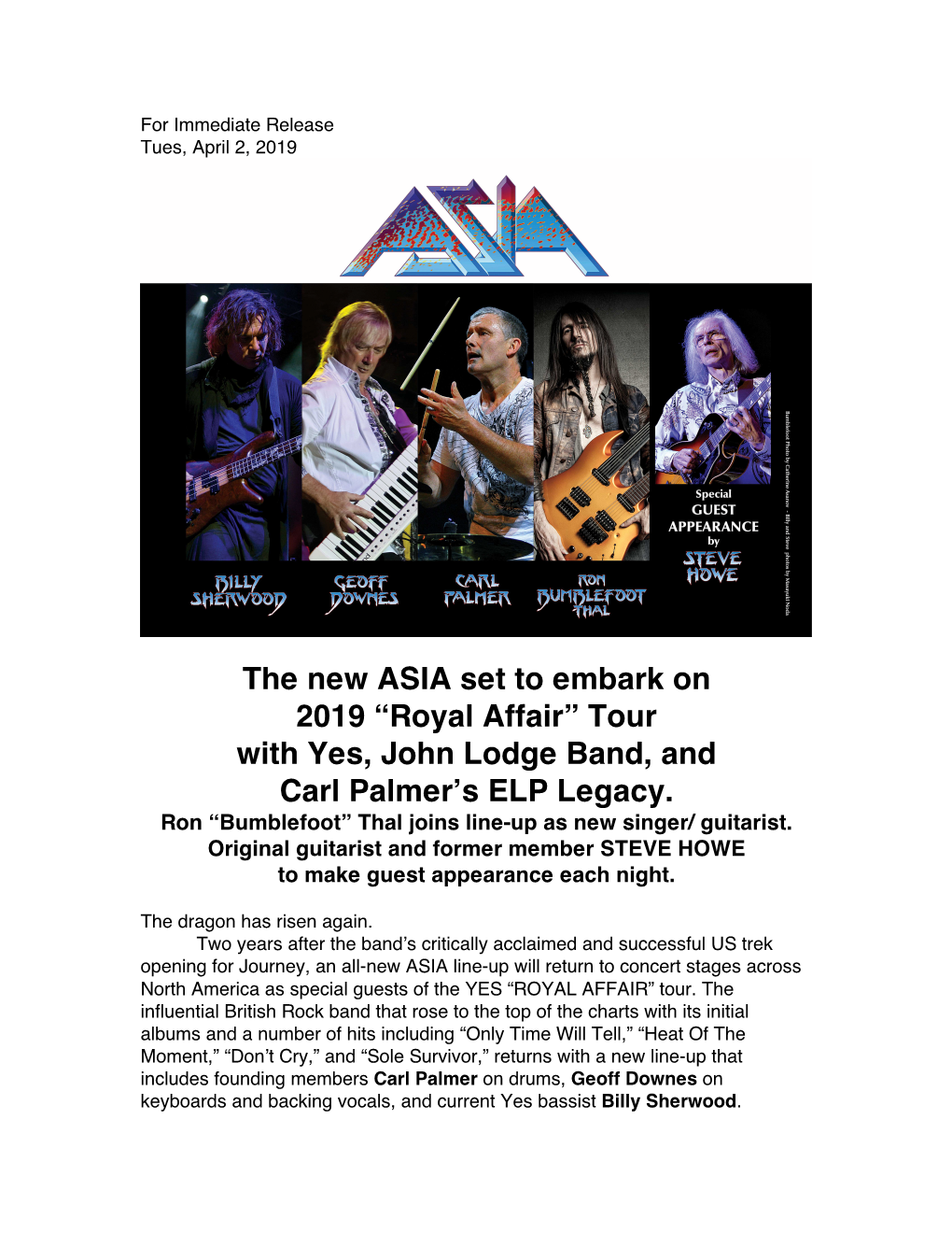 The New ASIA Set to Embark on 2019 “Royal Affair” Tour with Yes, John Lodge Band, and Carl Palmer’S ELP Legacy