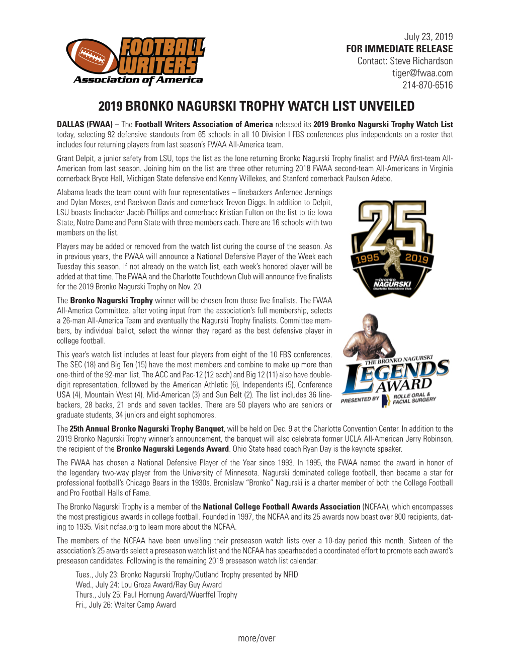 2019 Bronko Nagurski Trophy Watch List Unveiled