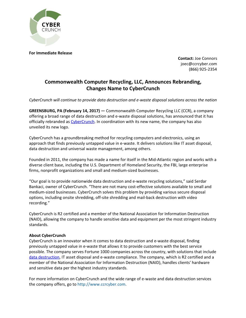 Commonwealth Computer Recycling, LLC, Announces Rebranding, Changes Name to Cybercrunch