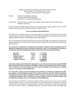 Minutes of a Meeting of the Industrial Commission of North Dakota Held on October 22, 2019 Beginning at 12:30 P.M