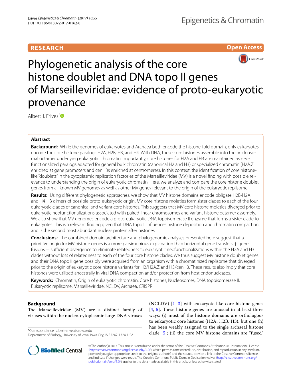 Phylogenetic Analysis of the Core Histone Doublet and DNA Topo II Genes of Marseilleviridae: Evidence of Proto‑Eukaryotic Provenance Albert J