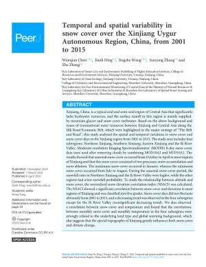 Temporal and Spatial Variability in Snow Cover Over the Xinjiang Uygur Autonomous Region, China, from 2001 to 2015