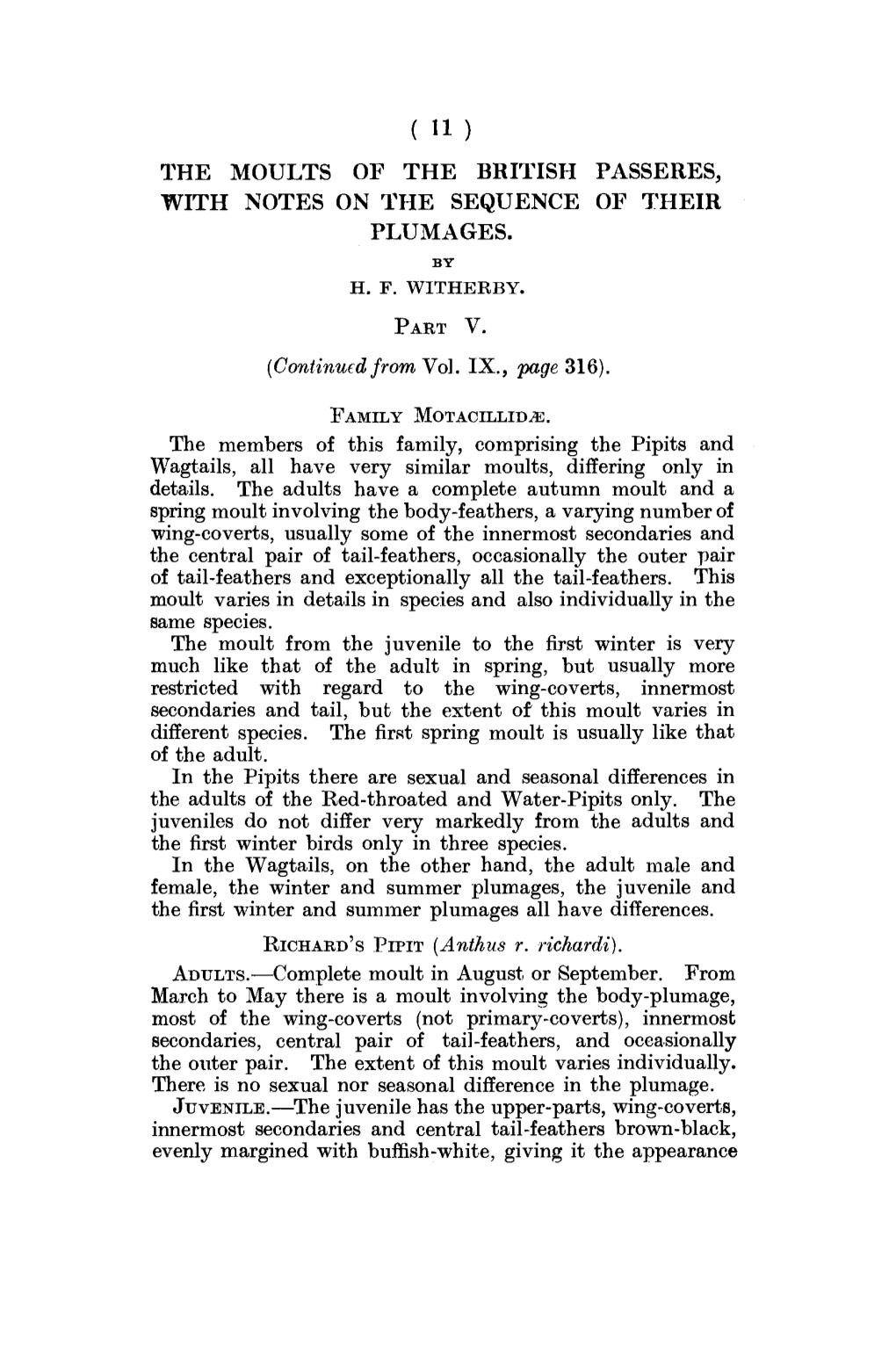 The Moults of the British Passeres, with Notes on the Sequence of Their Plumages