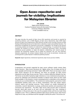 Open Access Repositories and Journals for Visibility: Implications for Malaysian Libraries