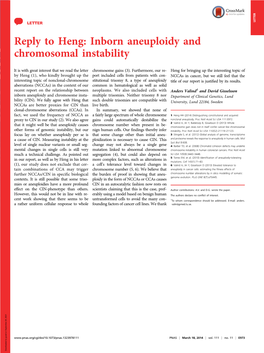 Reply to Heng: Inborn Aneuploidy and Chromosomal Instability