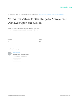 Normative Values for the Unipedal Stance Test with Eyes Open and Closed