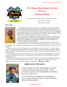 The Villages Motor Racing Fan Club Pit News February/March Prez Says