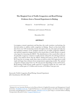 The Marginal Cost of Traffic Congestion and Road Pricing: Evidence from a Natural Experiment in Beijing