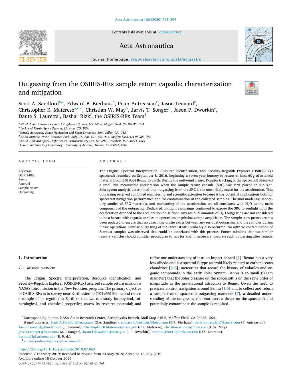 Outgassing from the OSIRIS-Rex Sample Return Capsule Characterization and Mitigation