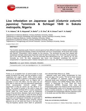 Lice Infestation on Japanese Quail (Coturnix Coturnix Japonica) Temminck & Schlegel 1849 in Sokoto Metropolis, Nigeria
