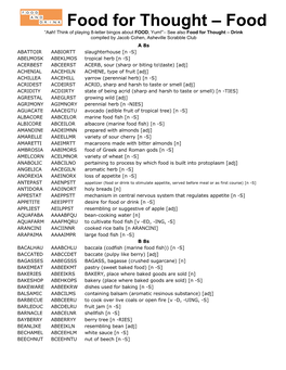 Food for Thought – Food “Aah! Think of Playing 8-Letter Bingos About FOOD, Yum!”– See Also Food for Thought – Drink Compiled by Jacob Cohen, Asheville Scrabble Club