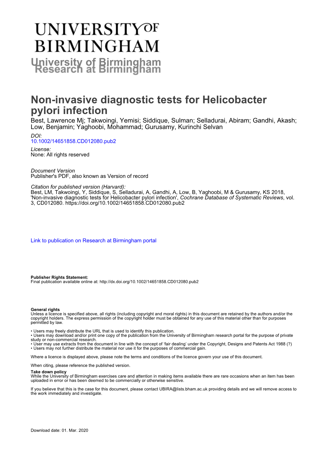 University of Birmingham Non-Invasive Diagnostic Tests For