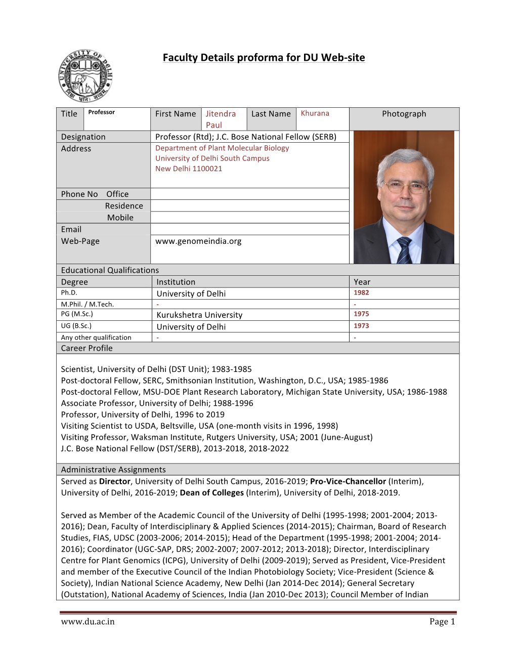 Faculty Details Proforma for DU Web-Site