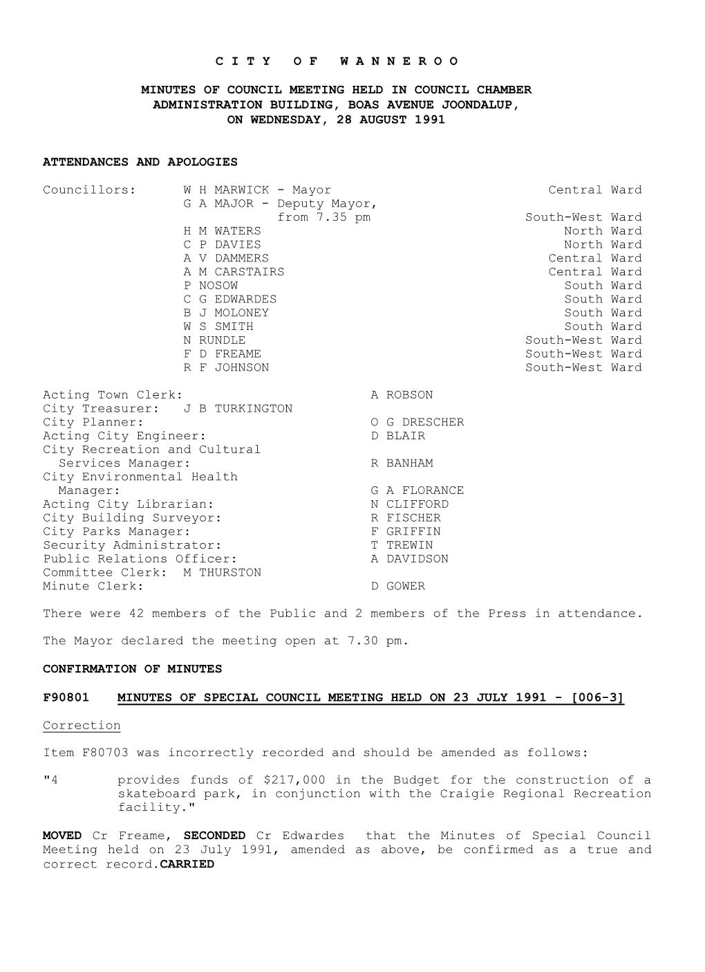 Ordinary Meeting of Council, to Be Held on Wednesday, 28 August 1991