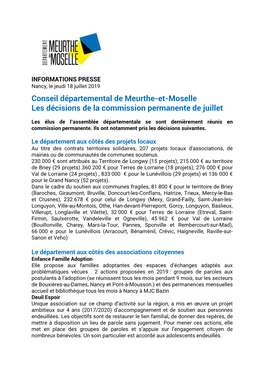 Conseil Départemental De Meurthe-Et-Moselle Les Décisions De La Commission Permanente De Juillet