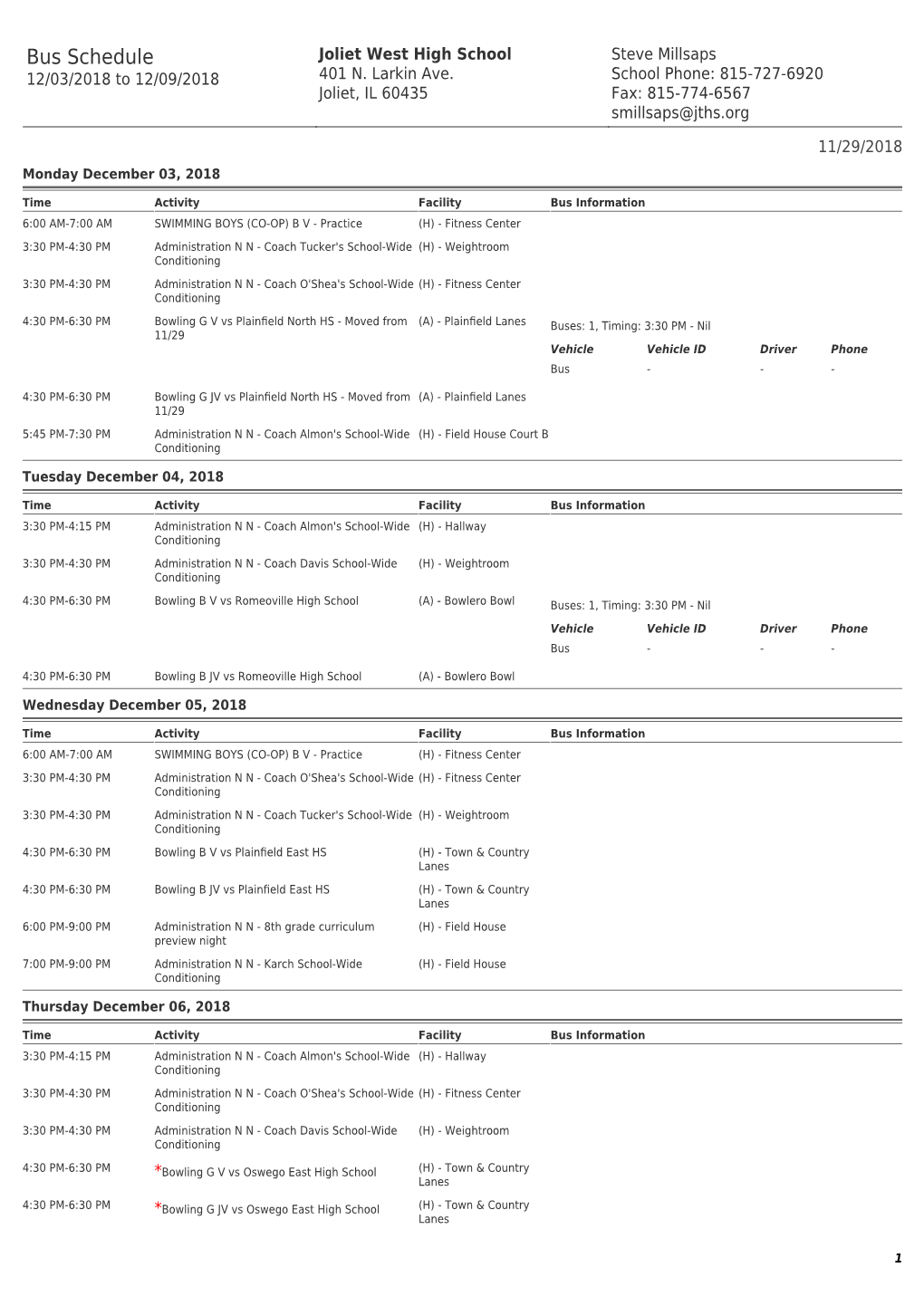 Bus Schedule Joliet West High School Steve Millsaps 12/03/2018 to 12/09/2018 401 N