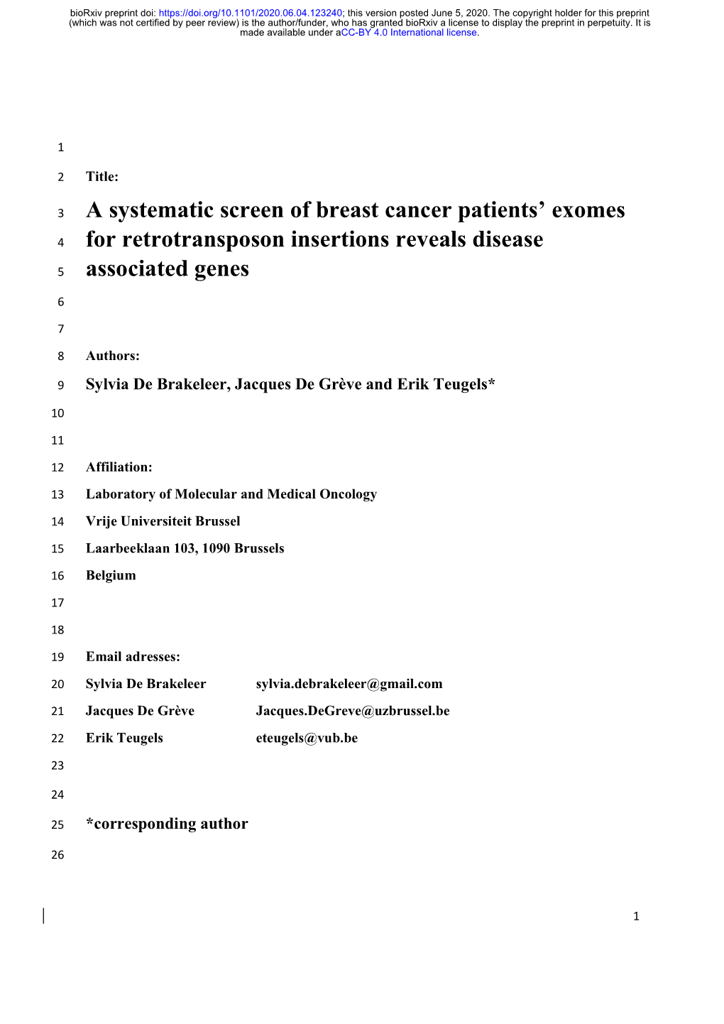 A Systematic Screen of Breast Cancer Patients' Exomes For