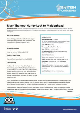 River Thames- Hurley Lock to Maidenhead Moderate Trail: Please Be Aware That the Grading of This Trail Was Set According to Normal Water Levels and Conditions