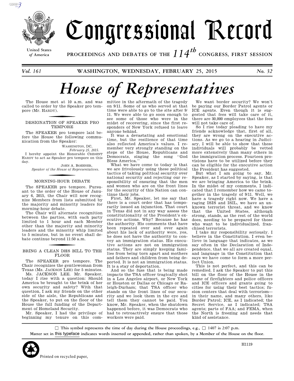 Congressional Record United States Th of America PROCEEDINGS and DEBATES of the 114 CONGRESS, FIRST SESSION