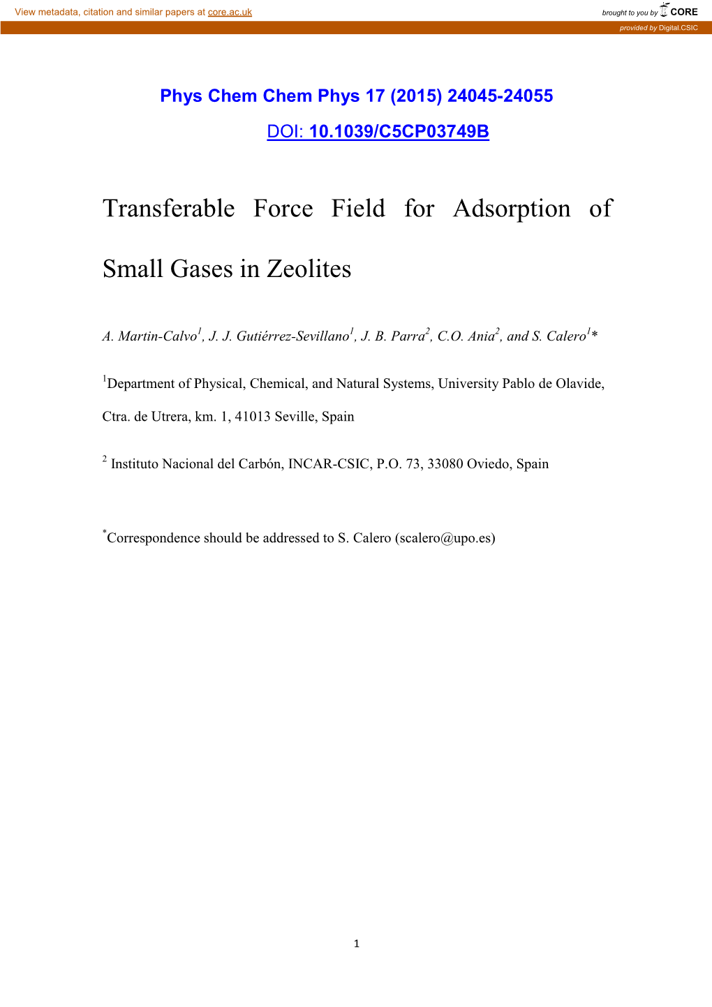 Transferable Force Field for Adsorption of Small Gases in Zeolites