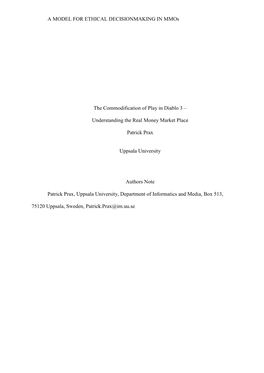 A MODEL for ETHICAL DECISIONMAKING in Mmos the Commodification of Play in Diablo 3