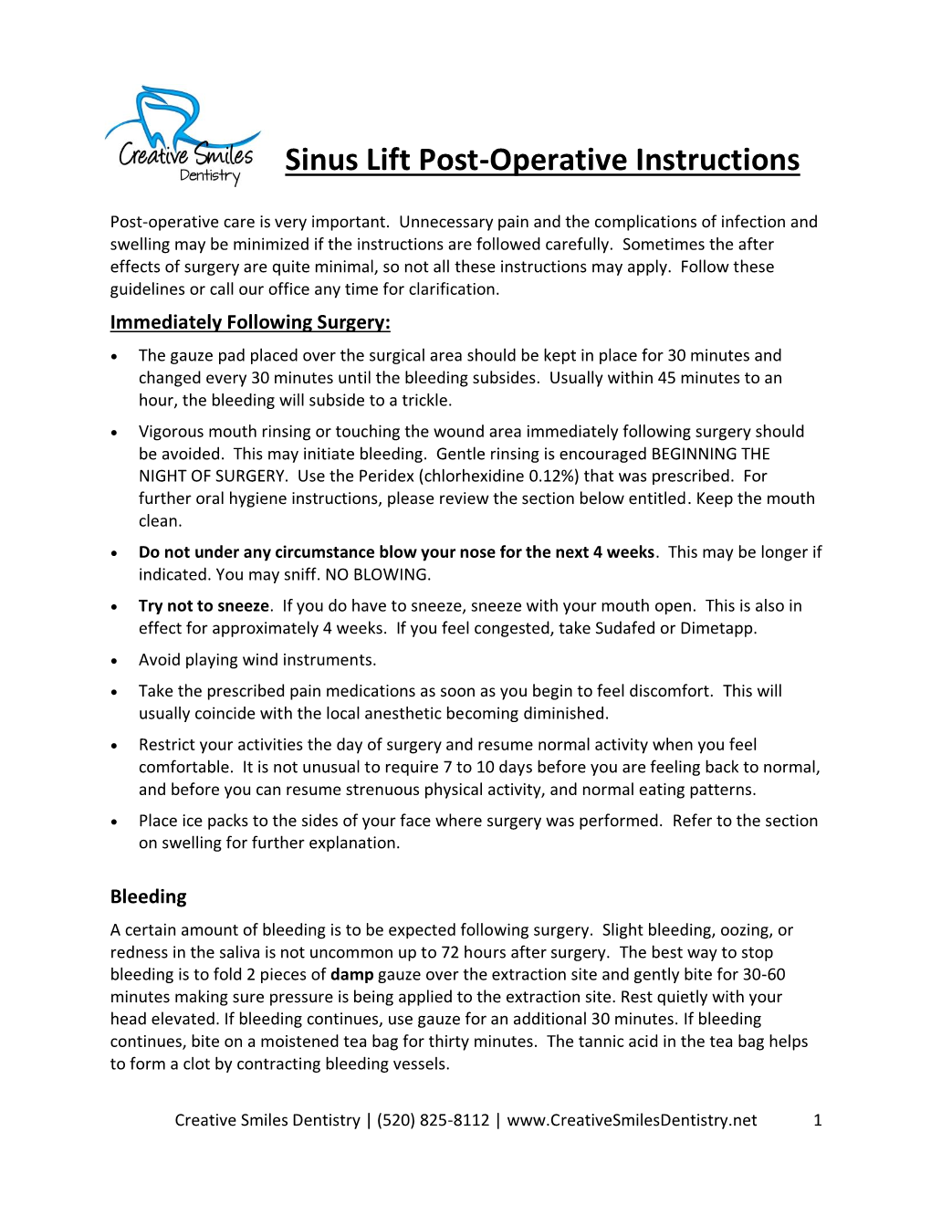 Sinus Lift Post-Operative Instructions