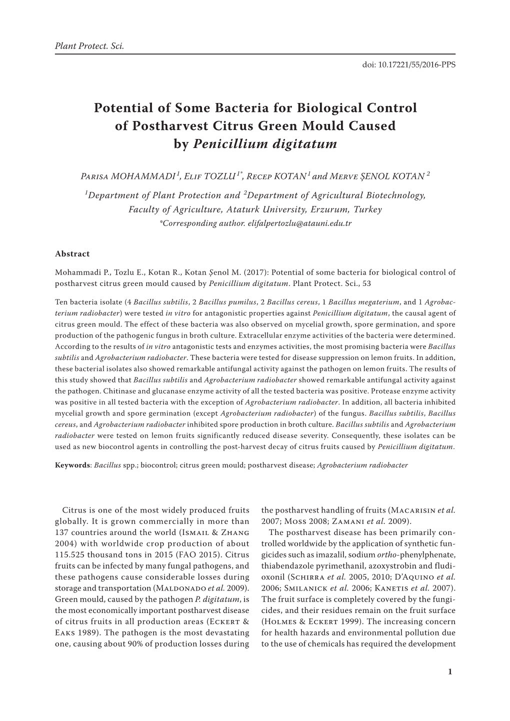 Potential of Some Bacteria for Biological Control of Postharvest Citrus Green Mould Caused by Penicillium Digitatum