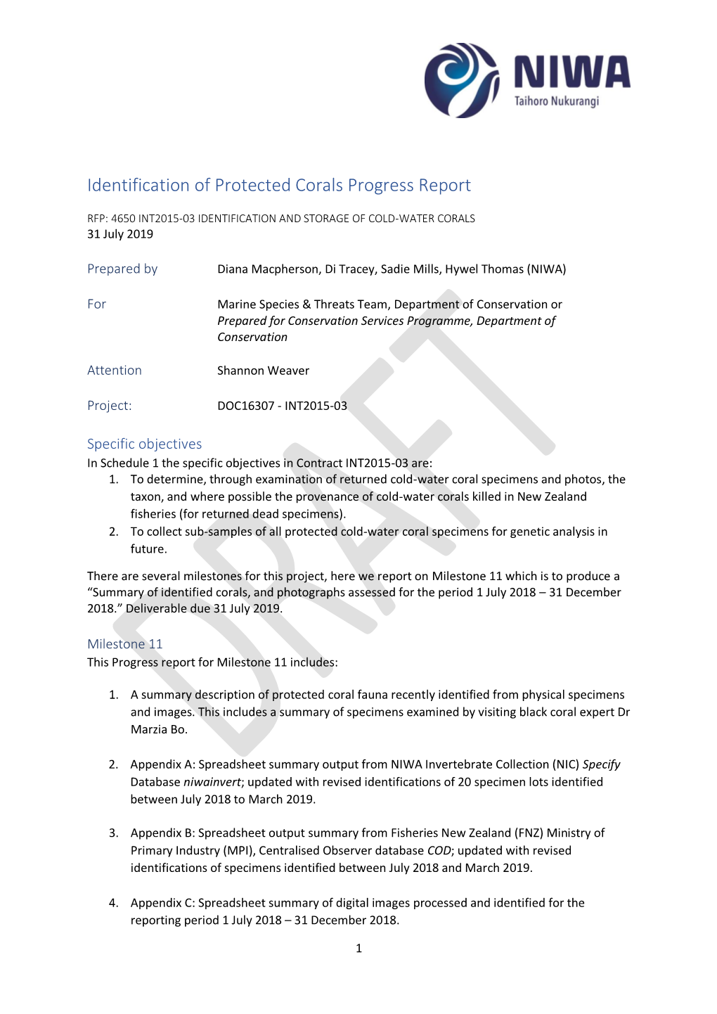 Identification of Protected Corals Progress Report