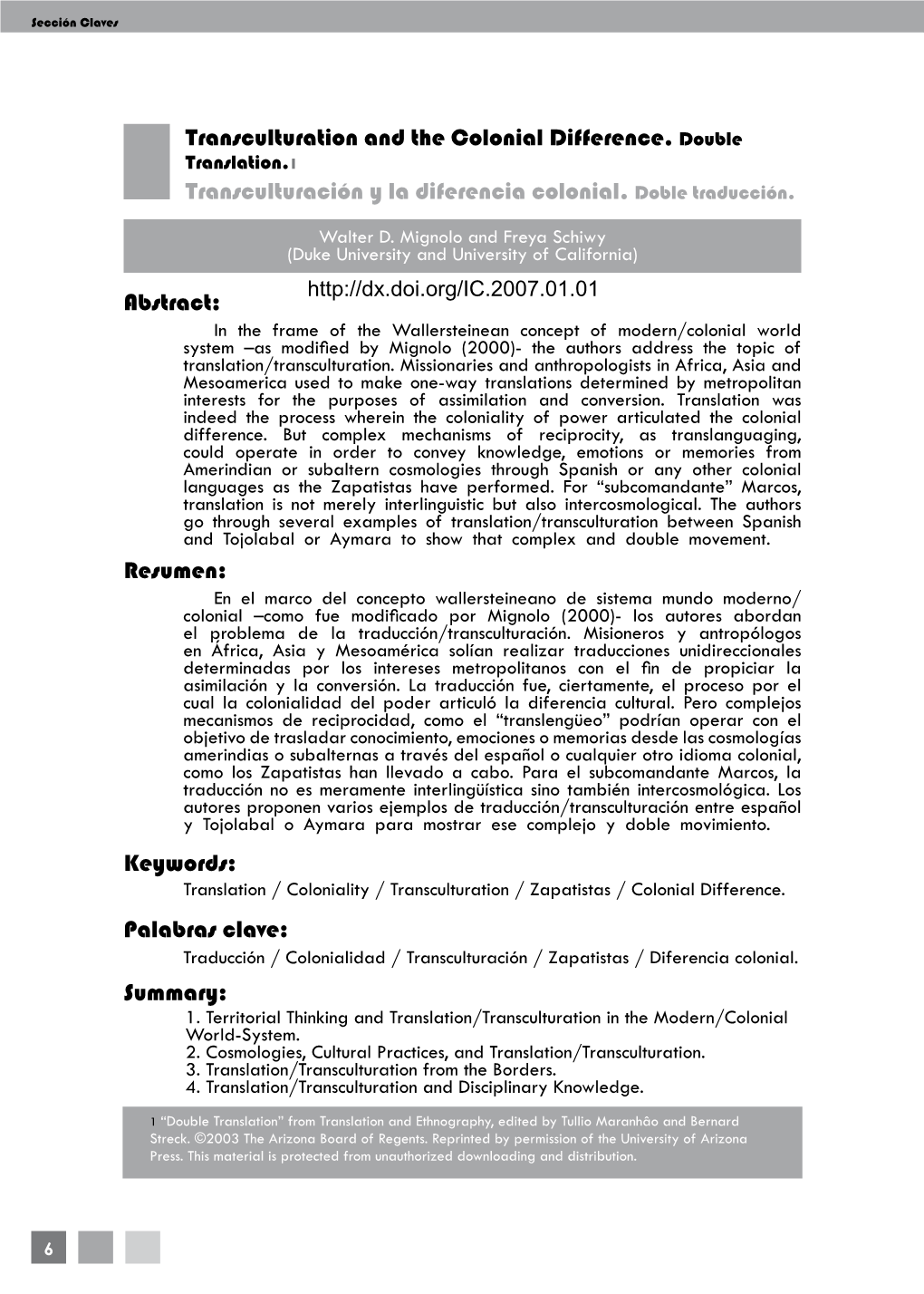 Transculturation and the Colonial Difference. Double Translation.1 Transculturación Y La Diferencia Colonial