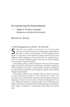 Re-Membering the Dismembered —— Ngg Wa Thiong’O, Language, Resistance, and Identity-Formation
