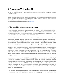A European Vision for AI Call for the Establishment of a Confederation of Laboratories for Artificial Intelligence Research in Europe (CLAIRE)