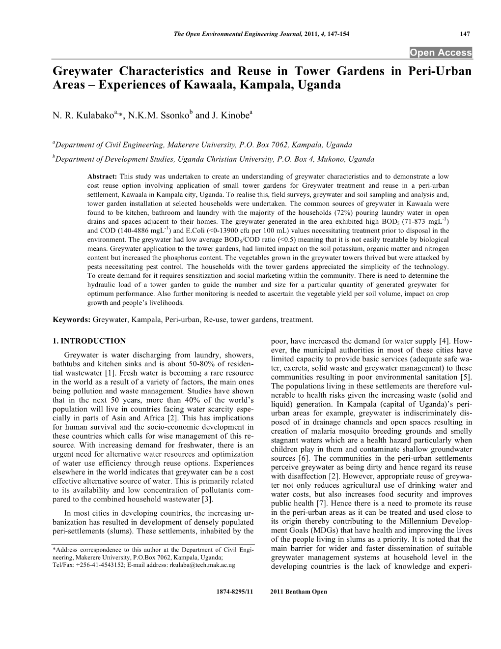 Greywater Characteristics and Reuse in Tower Gardens in Peri-Urban Areas – Experiences of Kawaala, Kampala, Uganda