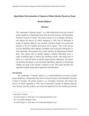 Algorithmic Determination of Japanese Ethnic Identity Based on Name Martin Holmes