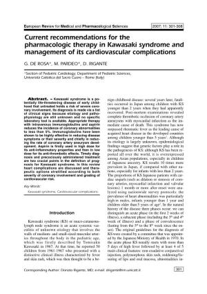 Current Recommendations for the Pharmacologic Therapy in Kawasaki Syndrome and Management of Its Cardiovascular Complications
