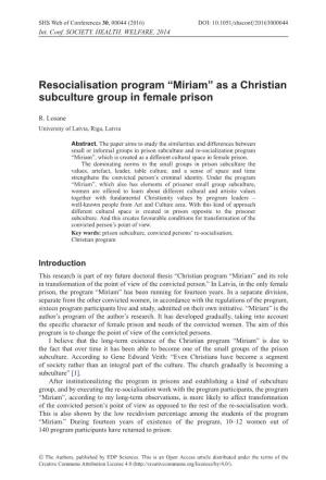 Resocialisation Program “Miriam” As a Christian Subculture Group in Female Prison
