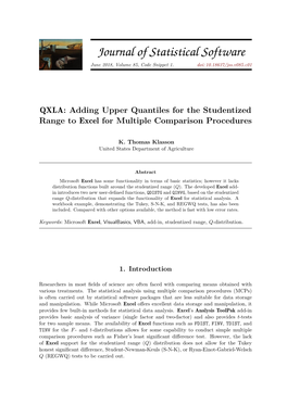 QXLA: Adding Upper Quantiles for the Studentized Range to Excel for Multiple Comparison Procedures