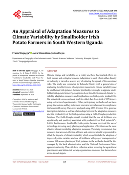 An Appraisal of Adaptation Measures to Climate Variability by Smallholder Irish Potato Farmers in South Western Uganda