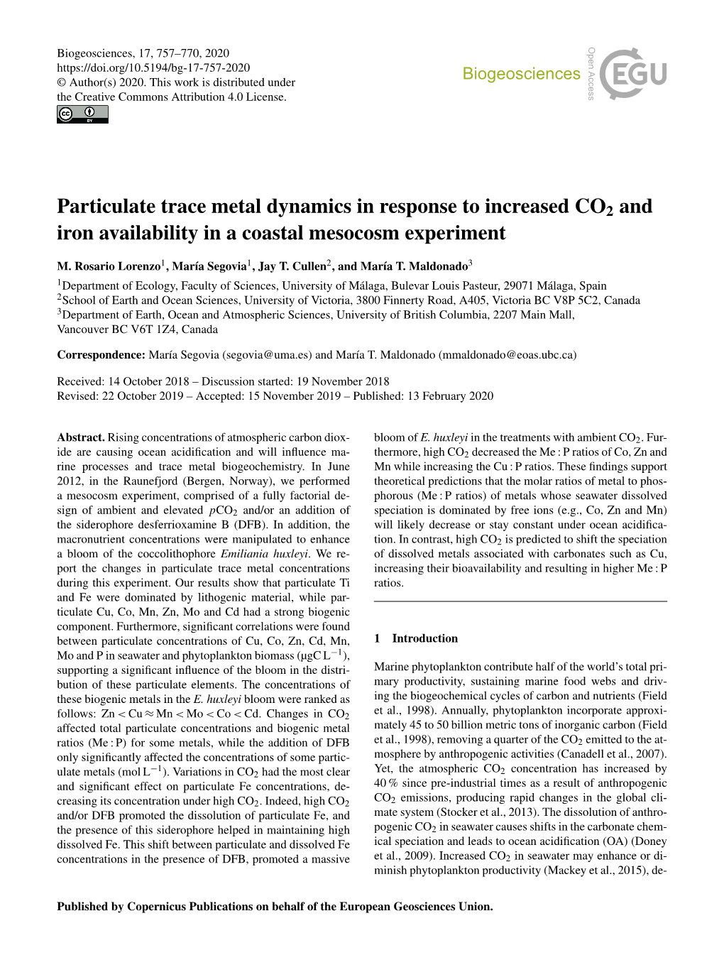 Particulate Trace Metal Dynamics in Response to Increased CO2 and Iron Availability in a Coastal Mesocosm Experiment