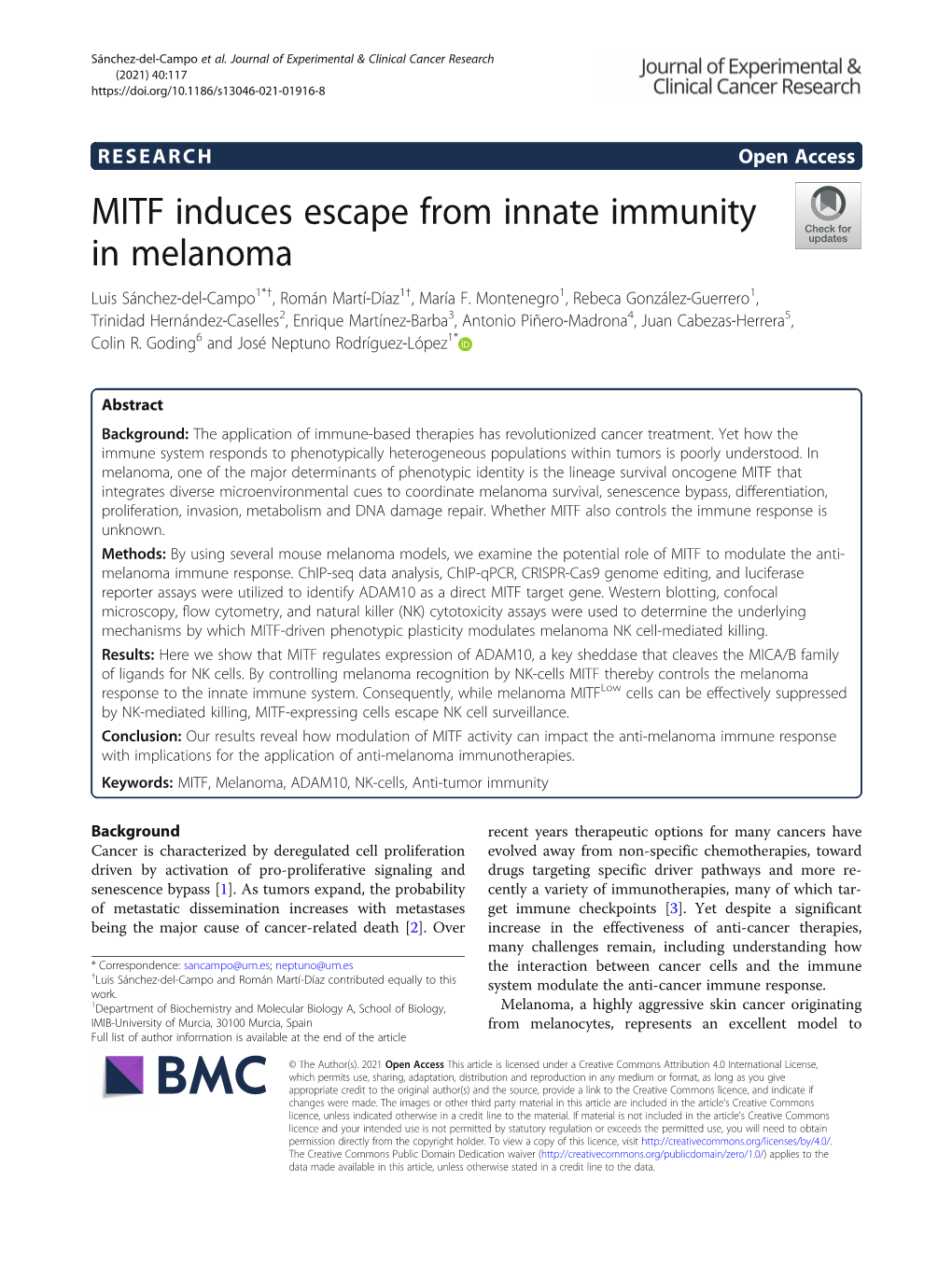 MITF Induces Escape from Innate Immunity in Melanoma Luis Sánchez-Del-Campo1*†, Román Martí-Díaz1†, María F