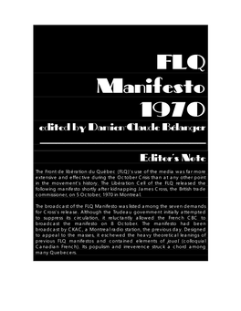 FLQ Manifesto 1970 Edited by Damien-Claude Bélanger ______