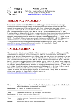 BIBLIOTECA DI GALILEO GALILEO's LIBRARY