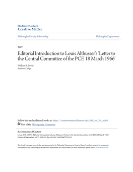 Editorial Introduction to Louis Althusser's 'Letter to the Central Committee of the PCF, 18 March 1966' William S