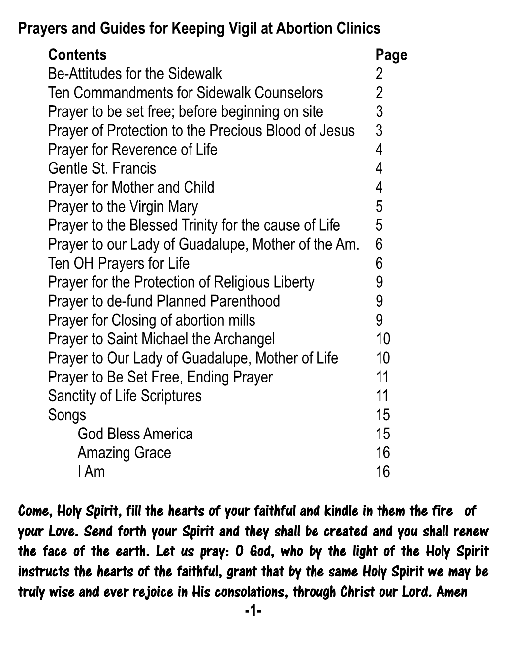Prayers and Guides for Keeping Vigil at Abortion Clinics Contents Page